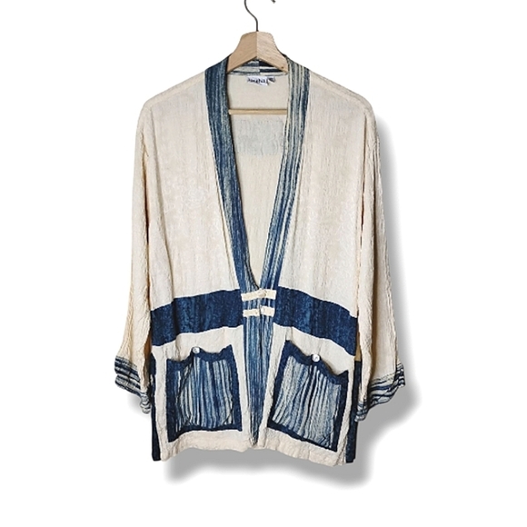 Iguana Rayon Gauze Kimono Cardigan Lagenlook Open Front Patch Pockets - Picture 1 of 11